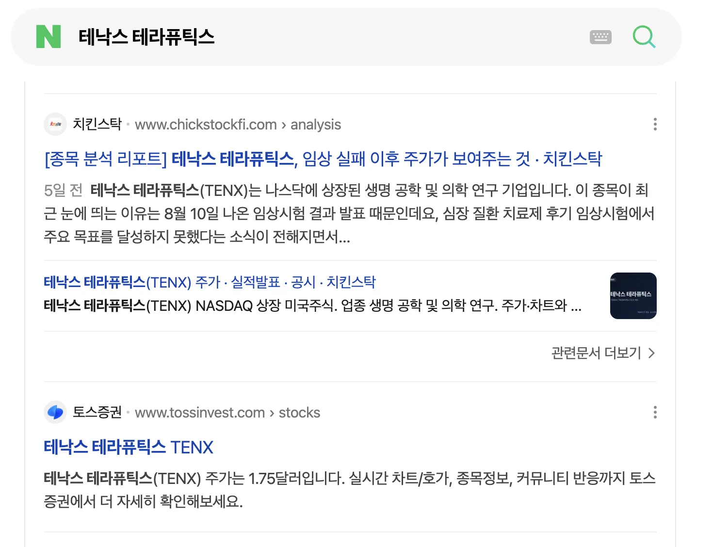 네이버에서 "테낙스 테라퓨틱스"를 검색한 결과 — 치킨스탁 — 종목 분석 리포트 + 종목 페이지 2건 동시 노출
